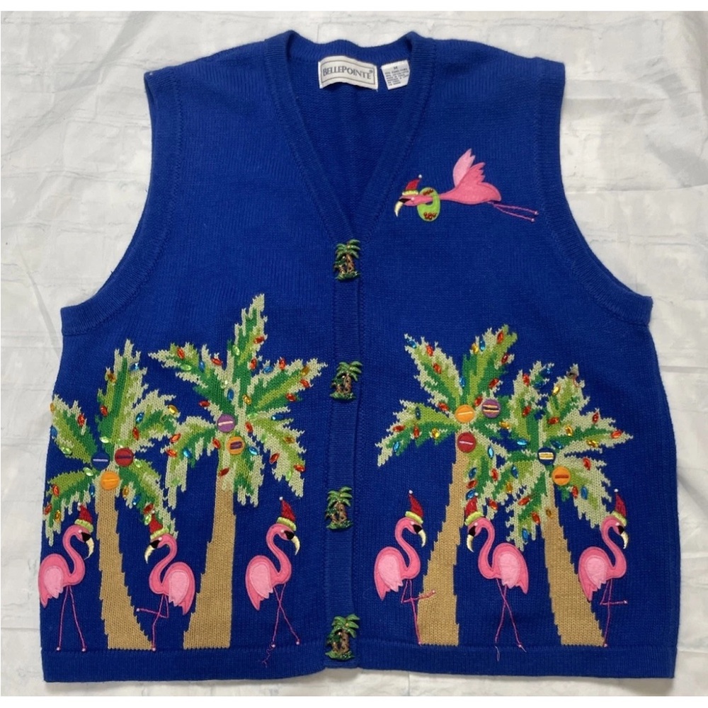 Belle Pointe sweater Vest Vintage‎ Flamingos Christmas Lights Bright Colorful M
